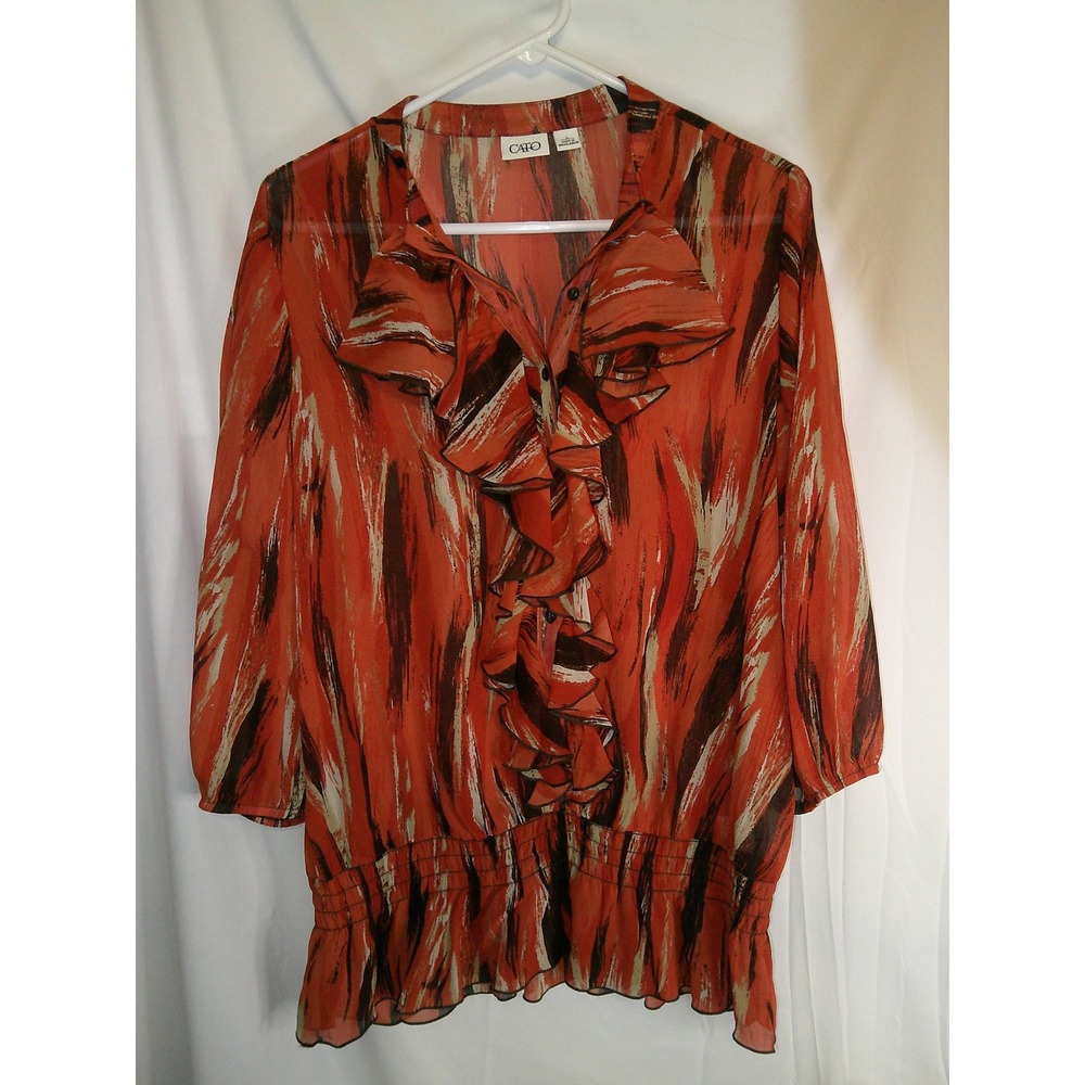 Cato Orange Brown Abstract Print Ruffle Sheer Blouse Top